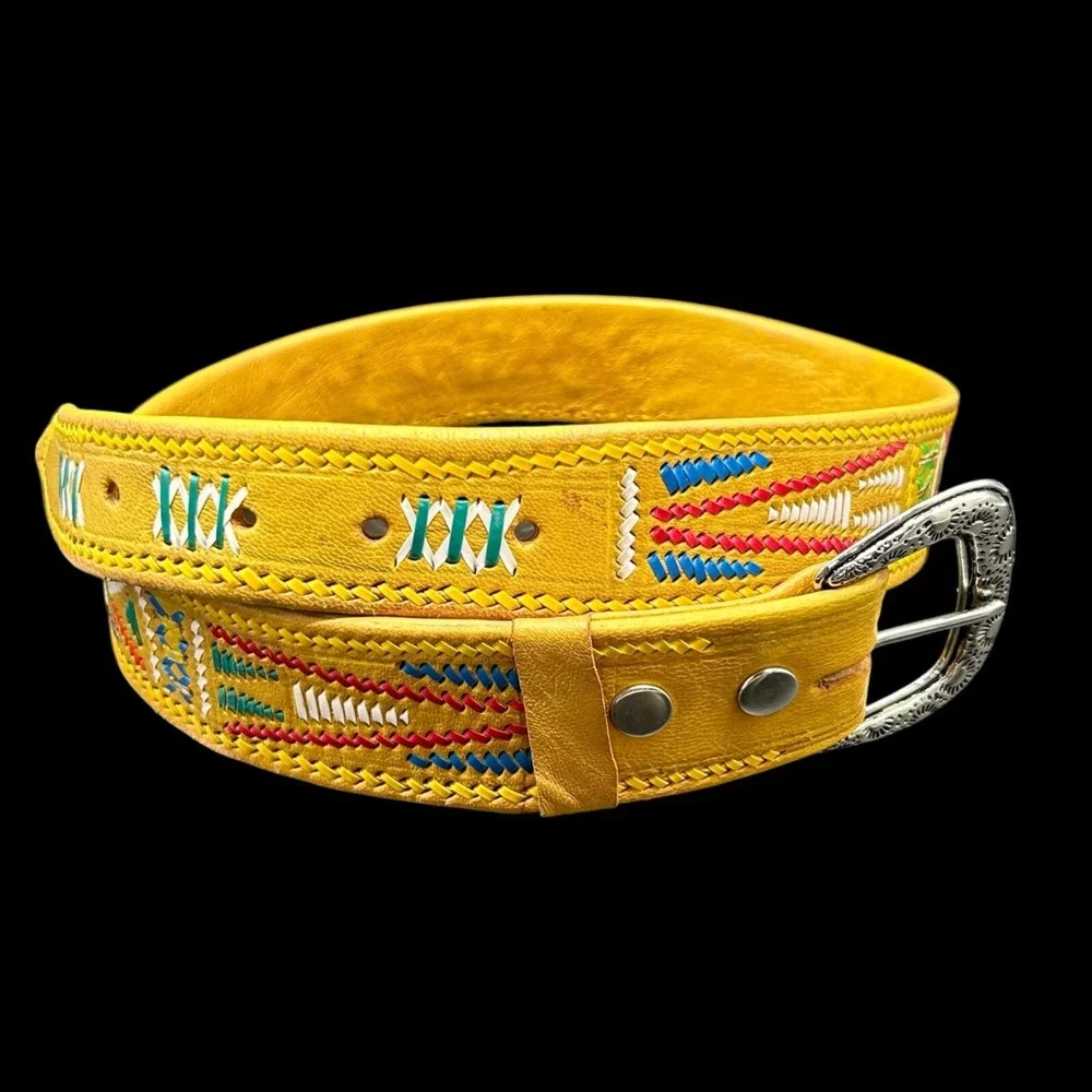 Leather Women's Belt Women‎ Medium Southwestern Aztec Yellow Multi Weave